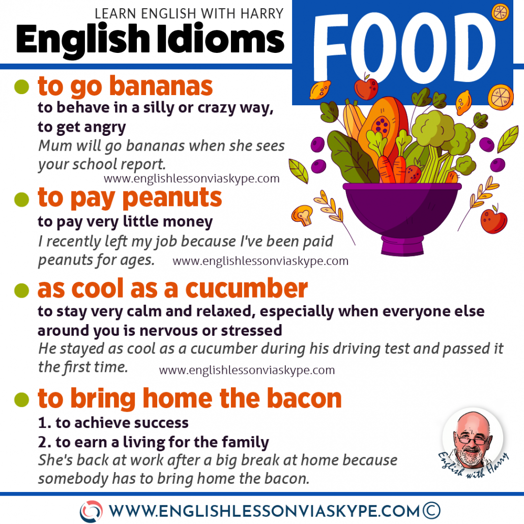 English food idioms. Advanced English learning to help you speak like a native speaker. Online English lessons on Zoom www.englishlessonviaskype.com #learnenglish