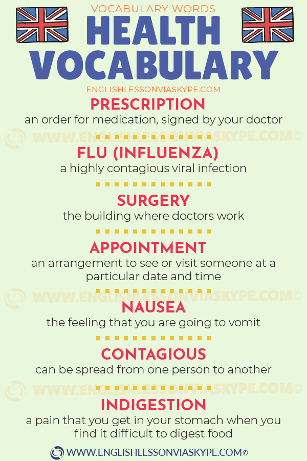 Health vocabulary in English. Useful words and phrases. Visit to a doctor vocabulary. www.englishlessonviaskype.com #learnenglish #englishlessons #tienganh #EnglishTeacher #vocabulary #ingles #อังกฤษ #английский #aprenderingles #english #cursodeingles #учианглийский