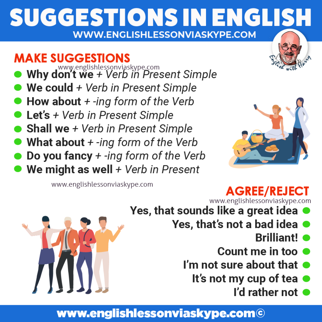 English vocabulary - How to make suggestions in English. Everyday English expressions. Online English lessons on Zoom. Click the link or visit englishlessonviaskype.com #learnenglish