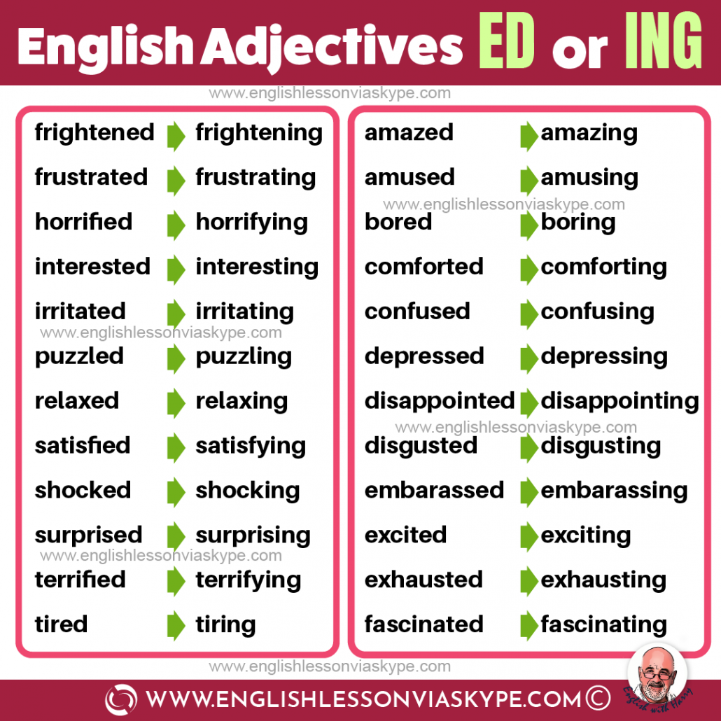 List of English adjectives ending in ED or ING. Advanced English learning. Advanced English lessons www.englishlessonviaskype.com #learnenglish