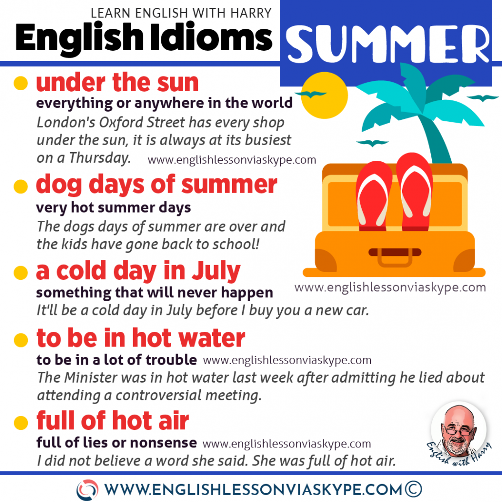 10 English Idioms related to Summer. How to talk about summer in English. Useful phrases. www.englishlessonviaskype.com #learnenglish #englishlessons #tienganh #EnglishTeacher #vocabulary #ingles #อังกฤษ #английский #aprenderingles #english #cursodeingles #учианглийский #vocabulário #dicasdeingles #learningenglish #ingilizce #englishgrammar #englishvocabulary #ielts #idiomas