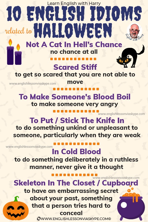10 Halloween Idioms and Expressions in English. Improve English speaking. Boost your vocabulary. From intermediate to advanced English with www.englishlessonviaskype.com #learnenglish #englishlessons #EnglishTeacher #vocabulary #ingles #английский #aprenderingles #english #cursodeingles #учианглийский #vocabulário #dicasdeingles #learningenglish #ingilizce #englishgrammar #englishvocabulary #ielts #idiomas