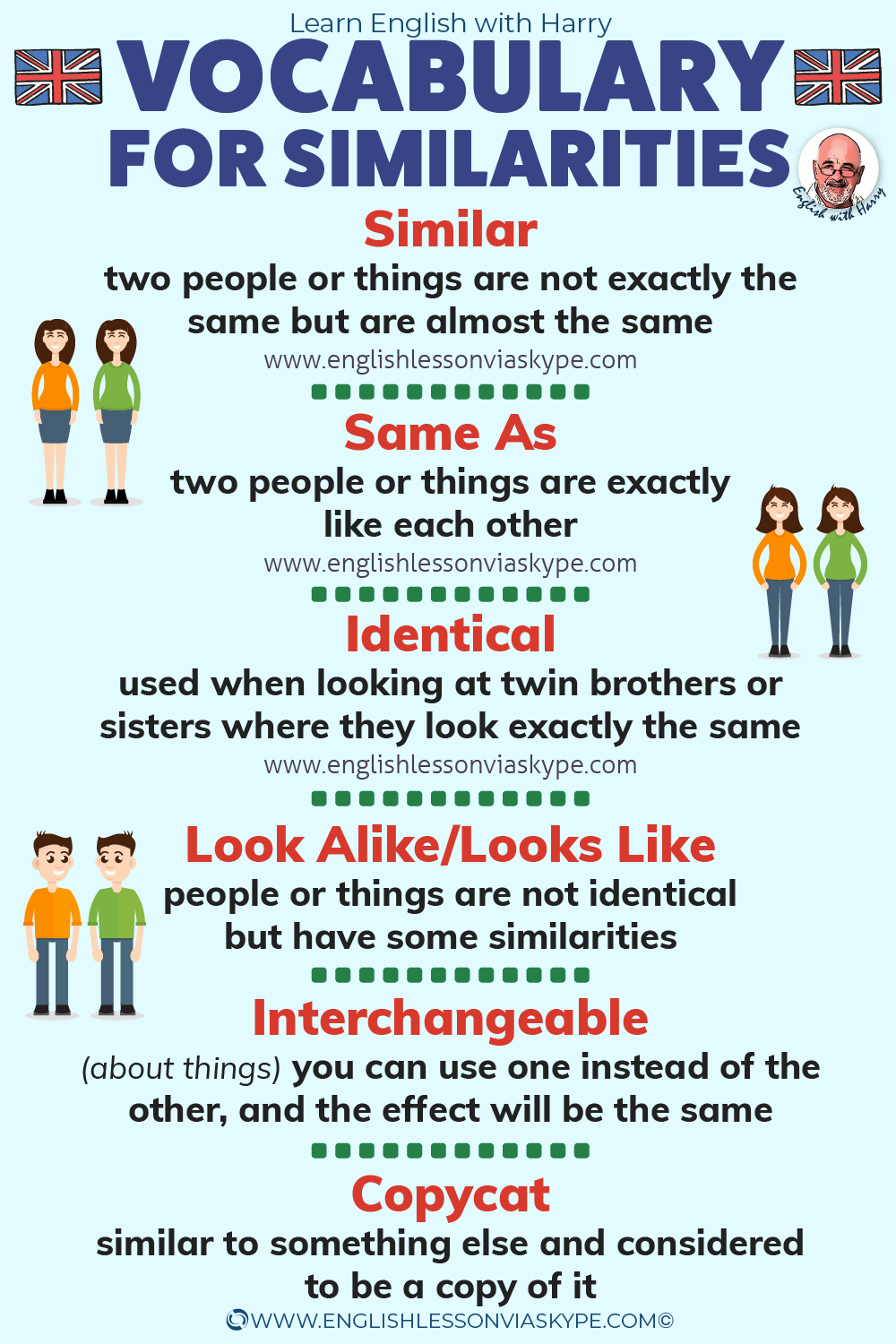 English vocabulary words and phrases to describe similarities. Similar vs same as. Advanced English lessons at www.englishlessonviaskype.com #learnenglish #englishlessons