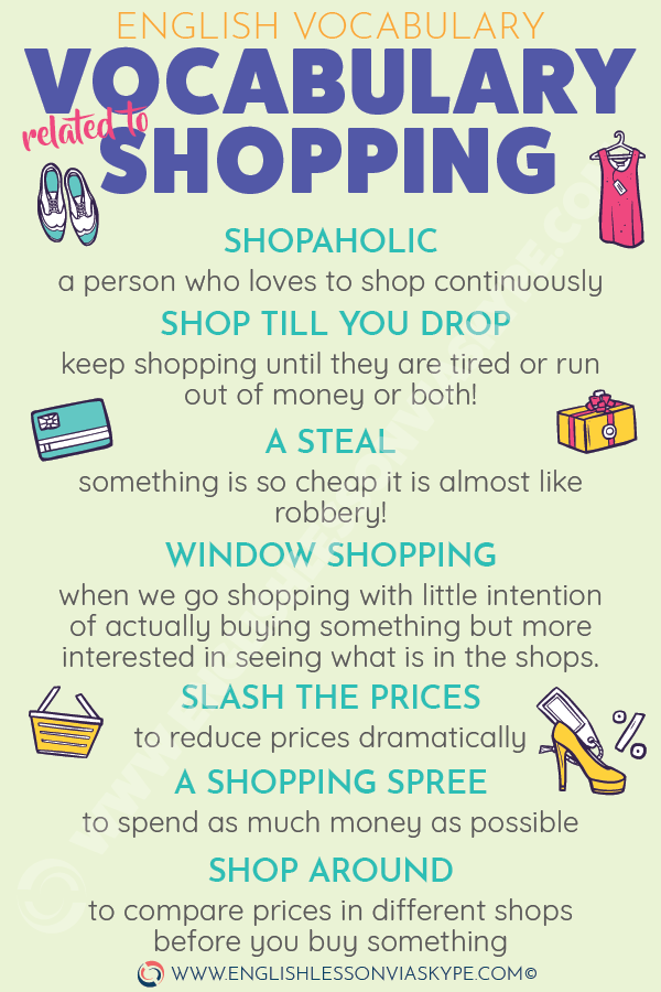 English shopping vocabulary. Words and phrases connected to shopping. Learn English with Harry at www.englishlessonviaskype.com #learnenglish #englishlessons #tienganh #EnglishTeacher #vocabulary #ingles #อังกฤษ #английский #aprenderingles #english #cursodeingles #учианглийский