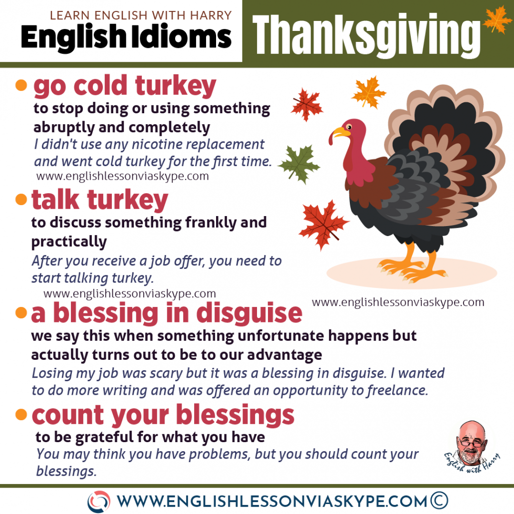 6 English idioms and phrases related to thanksgiving. Improve English vocabulary. Learn English with Harry at www.englishlessonviaskype.com #learnenglish #englishlessons #tienganh #EnglishTeacher #vocabulary #ingles #อังกฤษ #английский #aprenderingles #english #cursodeingles #учианглийский #vocabulário #dicasdeingles #learningenglish #ingilizce #englishgrammar #englishvocabulary #ielts #idiomas