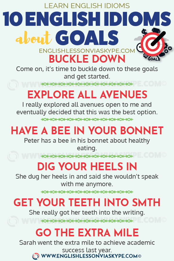 10 English Idioms related to Goals. Get you teeth into something. At all costs. Dig your heels in. www.englishlessonviaskype.com #learnenglish #englishlessons #английский #angielski #nauka #ingles #Idiomas #idioms #English #englishteacher #ielts #toefl #vocabulary #ingilizce #inglese