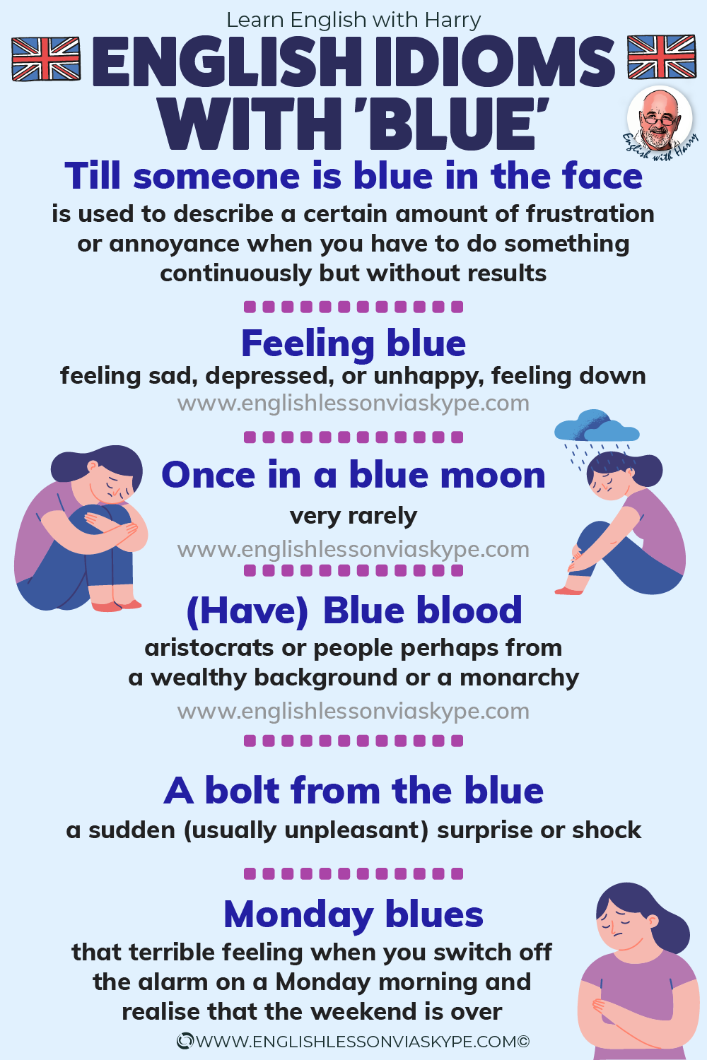 English idioms with blue in them. English colour idioms. From intermediate to advanced English with www.englishlessonviaskype.com #learnenglish #englishlessons #EnglishTeacher #vocabulary #ingles #อังกฤษ #английский #aprenderingles #english #cursodeingles #учианглийский #vocabulário #dicasdeingles #learningenglish #ingilizce #englishgrammar #englishvocabulary #ielts #idiomas
