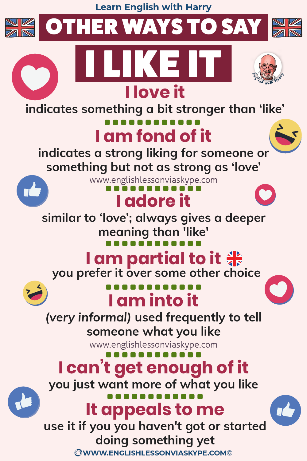 Other words for Like in English. Different ways to say I like it in English. Study advanced English. Online English lessons on Zoom or Skype at www.englishlessonviaskype.com #learnenglish #englishlessons #EnglishTeacher #vocabulary