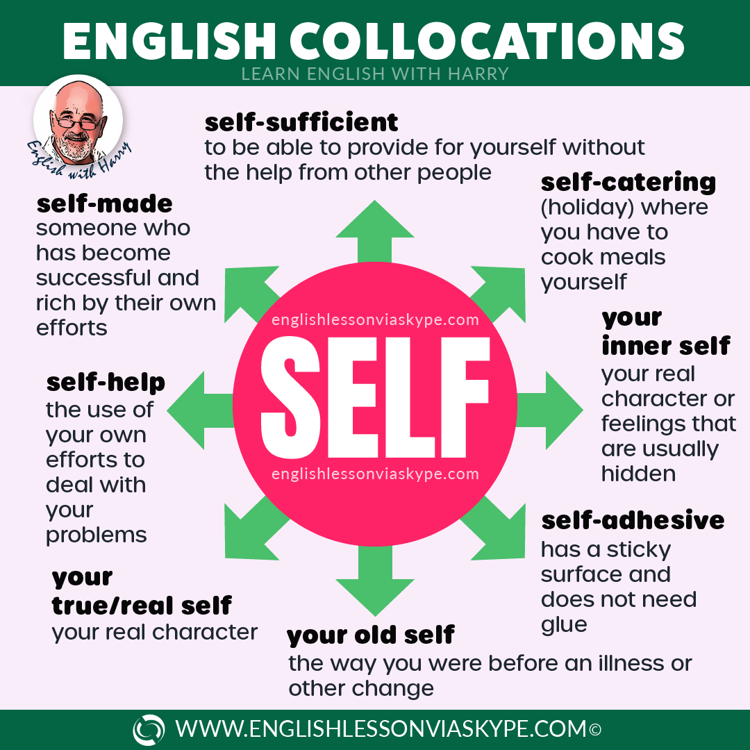 English collocations with SELF. Self-sufficient, self-addressed, self help. www.englishlessonviaskype.com #learnenglish #englishteacher #englishlessons #vocabulary #englishteacher #vocabulary #hoctienganh #ingles #ingilizce #английский
