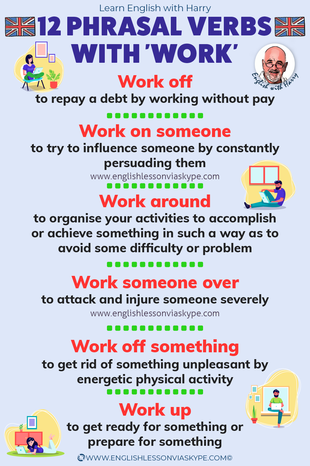 Advanced English learning. 12 Phrasal verbs with work with meanings and examples. Advanced English lessons www.englishlessonviaskype.com #learnenglish