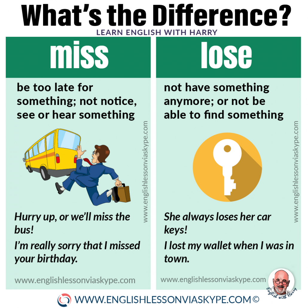 Advanced English learning. Difference between Miss and Lose explained in a video lesson. www.englishlessonviaskype.com #learnenglish #englishlessons #tienganh #EnglishTeacher #vocabulary #ingles #อังกฤษ #английский #aprenderingles #english #cursodeingles #учианглийский #vocabulário #dicasdeingles #learningenglish #ingilizce #englishgrammar #englishvocabulary #ielts #idiomas