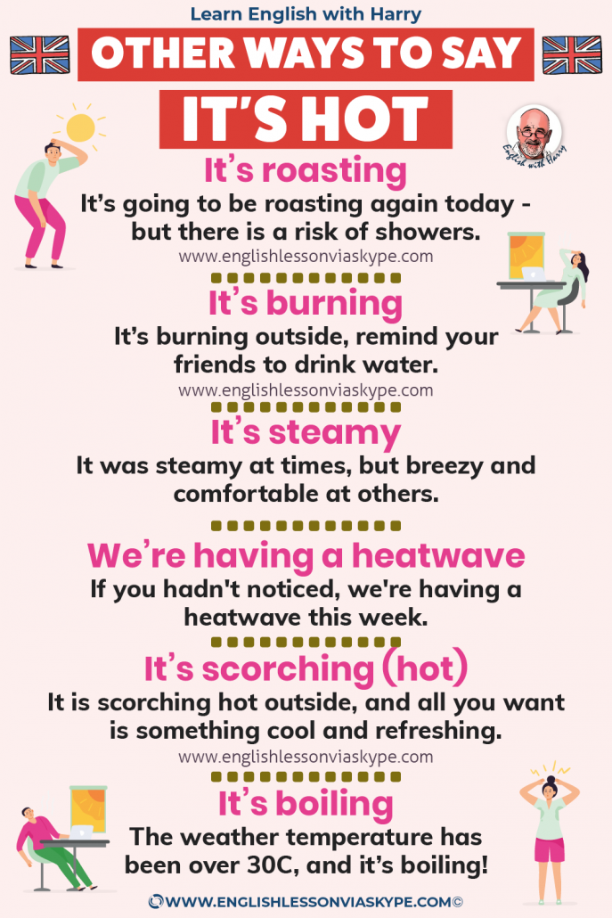 12 Other Ways to Say It's Hot in English. Advanced English vocabulary. Study advanced English. Online English lessons on Zoom and Skype at www.englishlessonviaskype.com #learnenglish #englishlessons