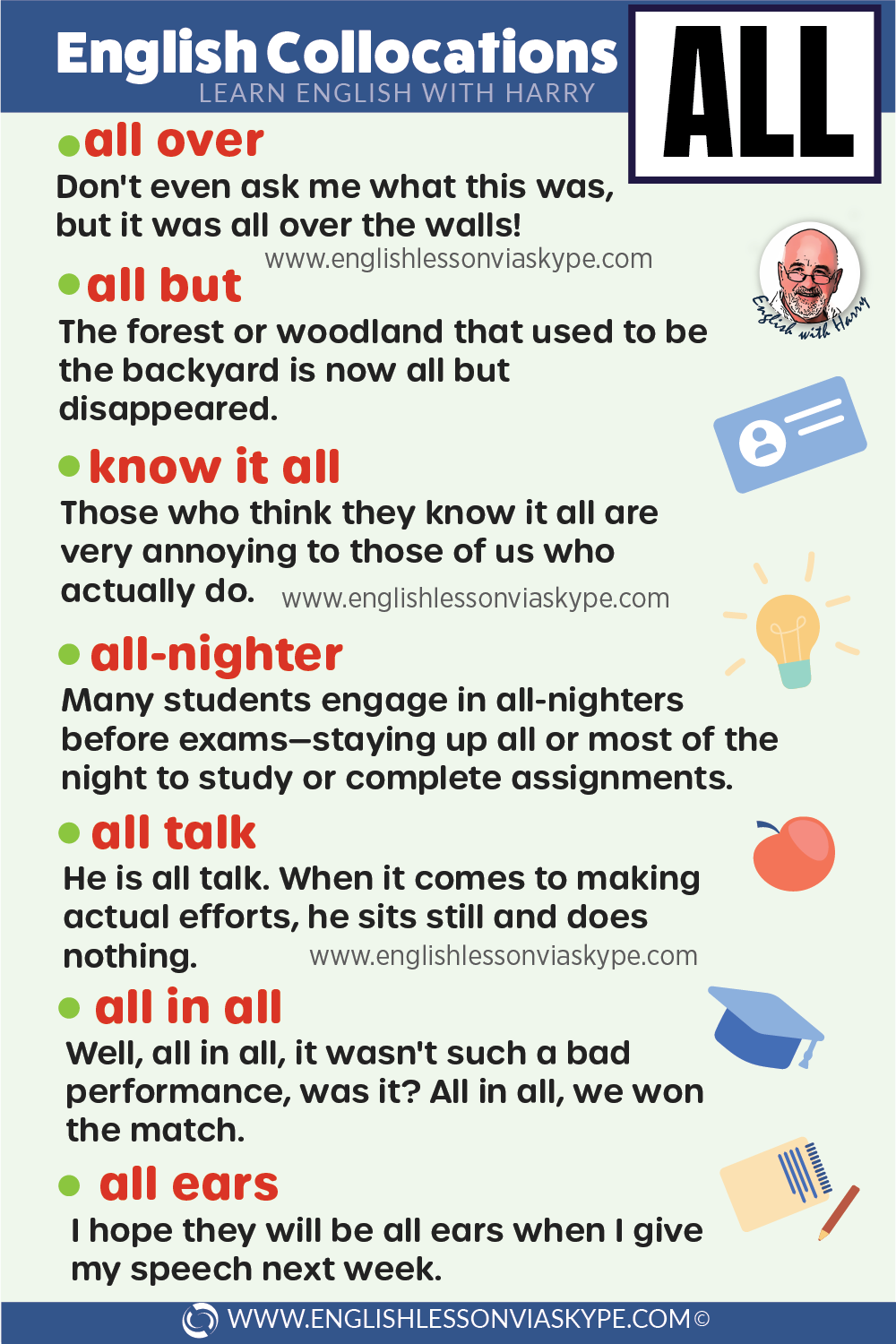 11 Collocations with ALL. Advanced English learning. Online English lessons on Zoom and Skype. Study advanced English at www.englishlessonviaskype.com #learnenglish