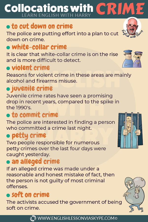 English collocations with crime with meanings and examples. Improve English speaking skills. IELTS. Learn English with Harry at www.englishlessonviaskype.com #learnenglish #englishlessons #tienganh #EnglishTeacher #vocabulary #ingles #อังกฤษ #английский #aprenderingles #english #cursodeingles #учианглийский #vocabulário #dicasdeingles #learningenglish #ingilizce #englishgrammar #englishvocabulary #ielts #idiomas