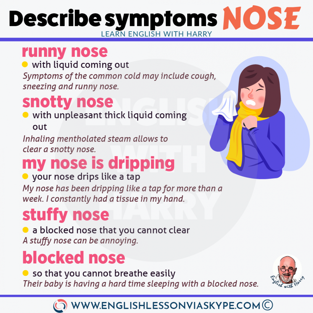 How to describe medical symptoms in English. Learn to describe nose problems. Improve English speaking at www.englishlessonviaskype.com #learnenglish #englishlessons #tienganh #EnglishTeacher #vocabulary #ingles #อังกฤษ #английский #aprenderingles #english #cursodeingles #учианглийский #vocabulário #dicasdeingles #learningenglish #ingilizce #englishgrammar #englishvocabulary #ielts #idiomas