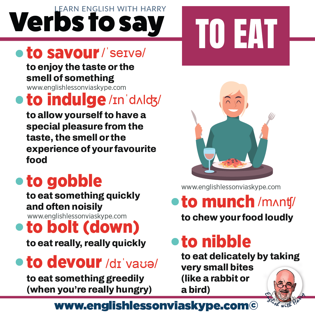 10 English verbs related to eating. To indulge, to guzzle, to savour meaning. Improve English vocabulary with Harry at www.englishlessonviaskype.com #learnenglish #englishlessons #tienganh #EnglishTeacher #vocabulary #ingles #อังกฤษ #английский #aprenderingles #english #cursodeingles #учианглийский #vocabulário #dicasdeingles #learningenglish #ingilizce #englishgrammar #englishvocabulary #ielts #idiomas