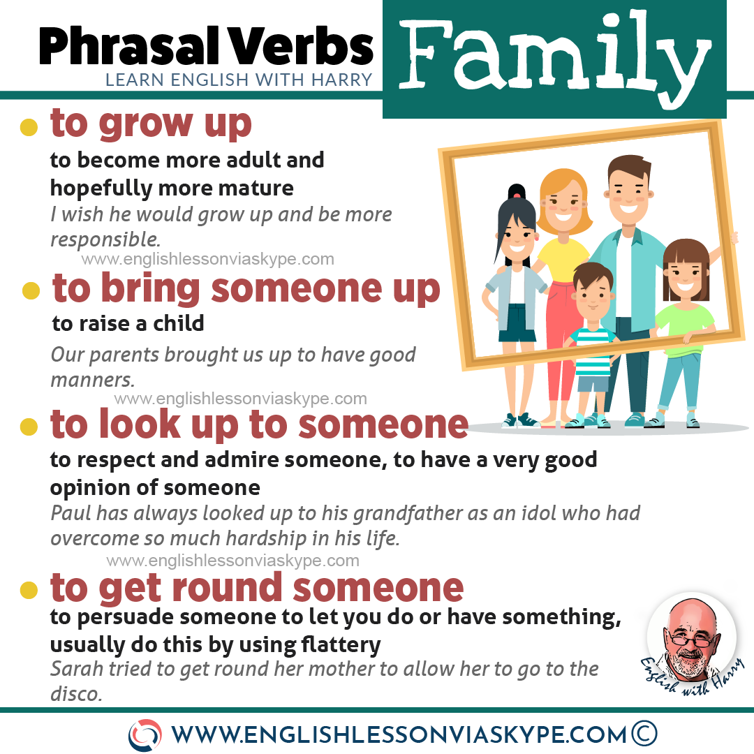 Phrasal verbs related to Family. Use in your daily English conversations. Learn English with Harry at www.englishlessonviaskype.com #learnenglish #englishlessons #EnglishTeacher #vocabulary #ingles #อังกฤษ #английский #aprenderingles #english #cursodeingles #учианглийский #vocabulário #dicasdeingles #learningenglish #ingilizce #englishgrammar #englishvocabulary #ielts #idiomas