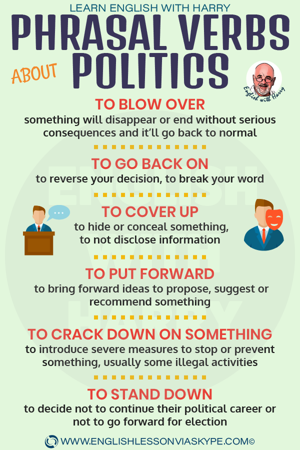 9 Phrasal verbs about politics. To blow over, to crack down on something meaning. Learn English with Harry at www.englishlessonviaskype.com #learnenglish #englishlessons #tienganh #EnglishTeacher #vocabulary #ingles #อังกฤษ #английский #aprenderingles #english #cursodeingles #учианглийский #vocabulário #dicasdeingles #learningenglish #ingilizce #englishgrammar #englishvocabulary #ielts #idiomas