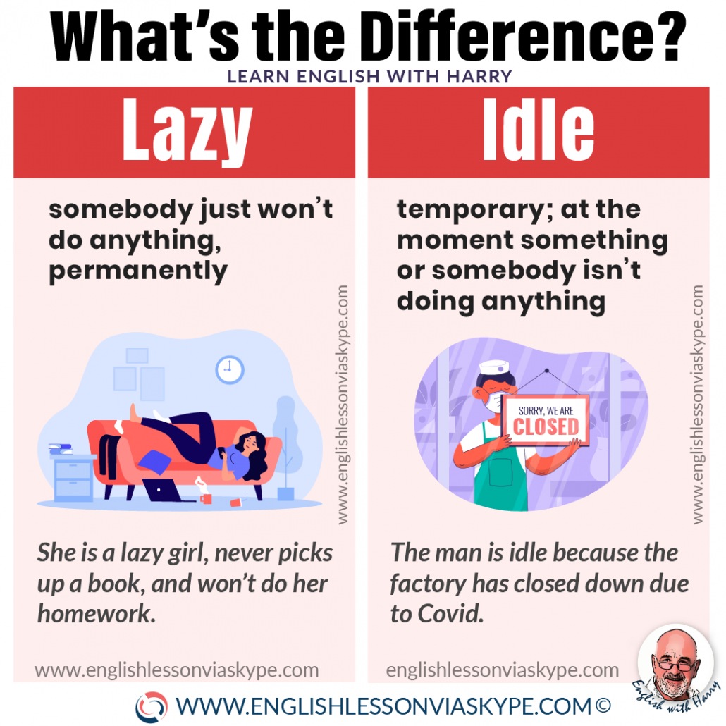 Difference between lazy and idle in English. From intermediate to advanced English with www.englishlessonviaskype.com #learnenglish #englishlessons #EnglishTeacher #vocabulary #ingles #английский #aprenderingles #english #cursodeingles #учианглийский #vocabulário #dicasdeingles #learningenglish #ingilizce #englishgrammar #englishvocabulary #ielts #idiomas