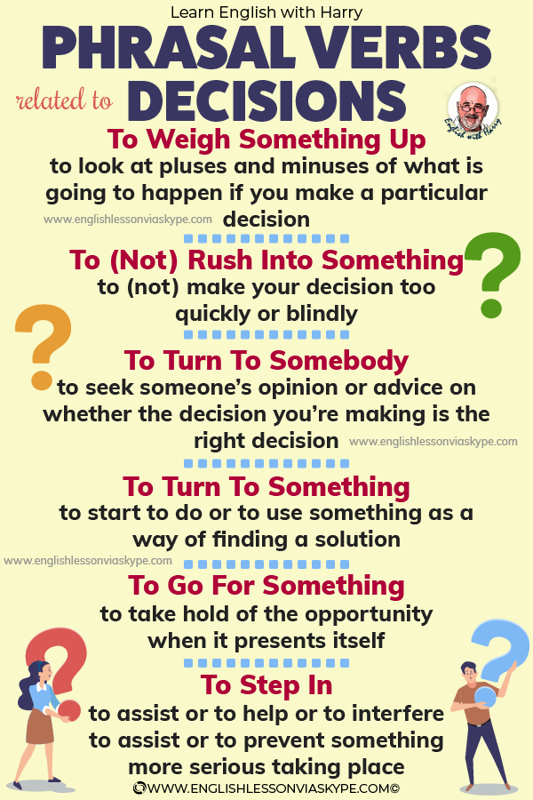7 Phrasal Verbs related to decisions and decision making in English. Boost your vocabulary. Improve English from intermediate to advanced with www.englishlessonviaskype.com #learnenglish #englishlessons #EnglishTeacher #vocabulary #ingles #английский #aprenderingles #english #englishidioms #learningenglish #esl #englishteacher