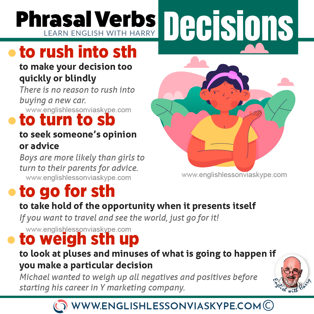 7 Phrasal Verbs related to decisions and decision making in English. Boost your vocabulary. Improve English from intermediate to advanced with www.englishlessonviaskype.com #learnenglish #englishlessons #EnglishTeacher #vocabulary #ingles #английский #aprenderingles #english #englishidioms #learningenglish #esl #englishteacher