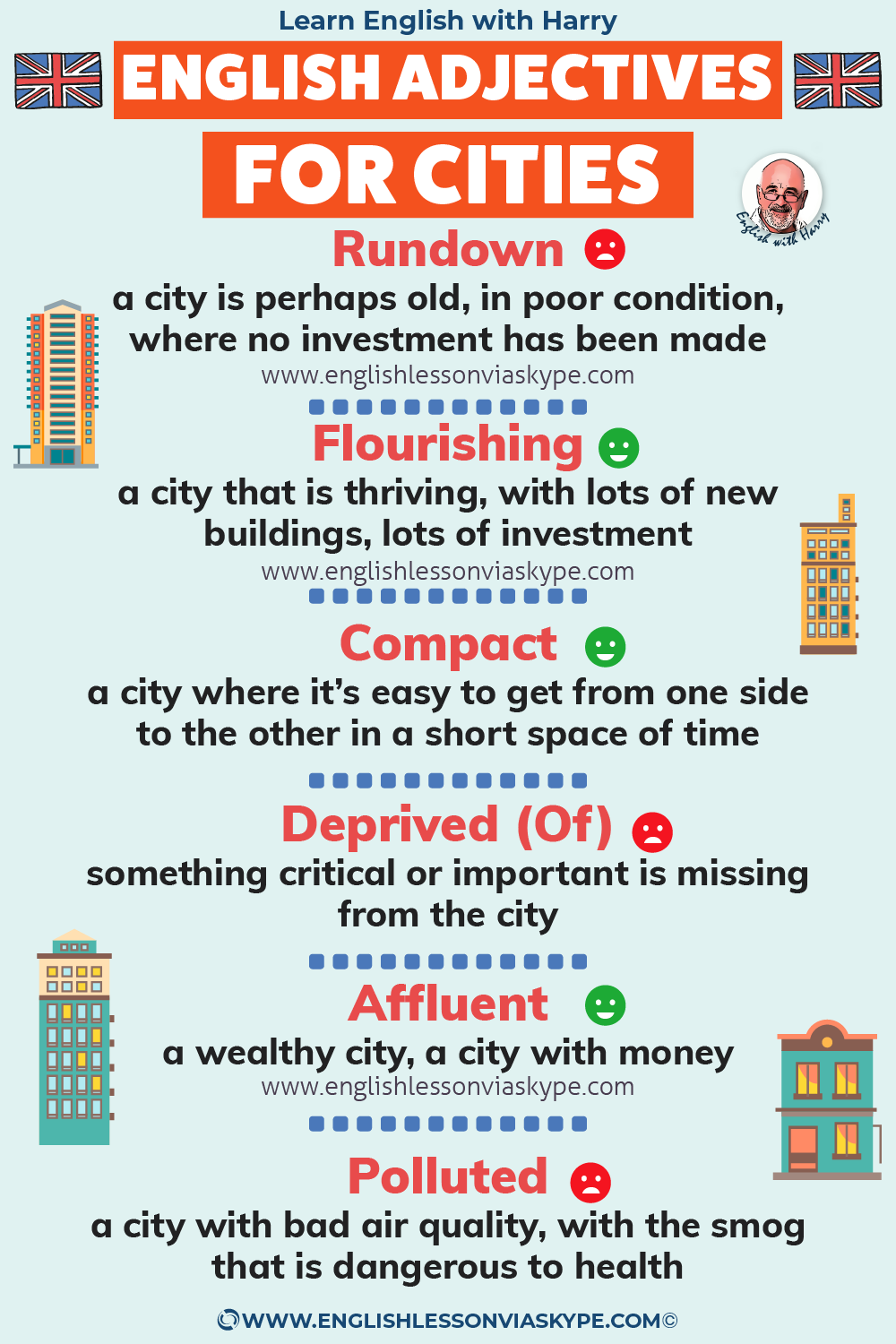 English adjectives for describing cities and city life. Study advanced English. Improve your speaking and writing skills. Online English lessons over Zoom and Skype at www.englishlessonviaskype.com #learnenglish #englishlessons #EnglishTeacher #vocabulary