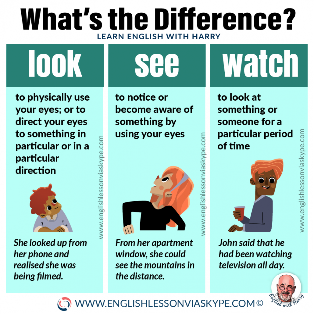 Difference between look, see and watch in English. Advanced English learning at www.englishlessonviaskype.com #learnenglish #englishlessons #EnglishTeacher #vocabulary #ingles #อังกฤษ #английский #aprenderingles #english #cursodeingles #учианглийский #vocabulário #dicasdeingles #learningenglish #ingilizce #englishgrammar #englishvocabulary #ielts #idiomas