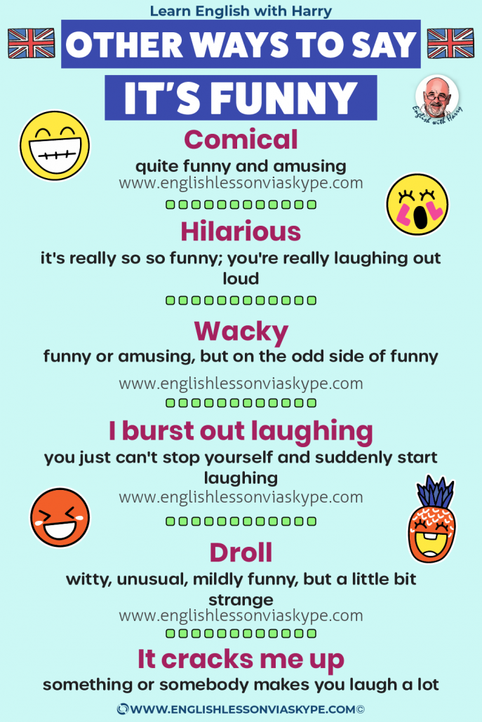 Learn different ways to say funny in English. Advanced English lessons. Study advanced English at www.englishlessonviaskype.com #learnenglish #englishlessons #EnglishTeacher #vocabulary #ingles #อังกฤษ #английский #aprenderingles #english #cursodeingles #учианглийский #vocabulário #dicasdeingles #learningenglish #ingilizce #englishgrammar #englishvocabulary #ielts #idiomas