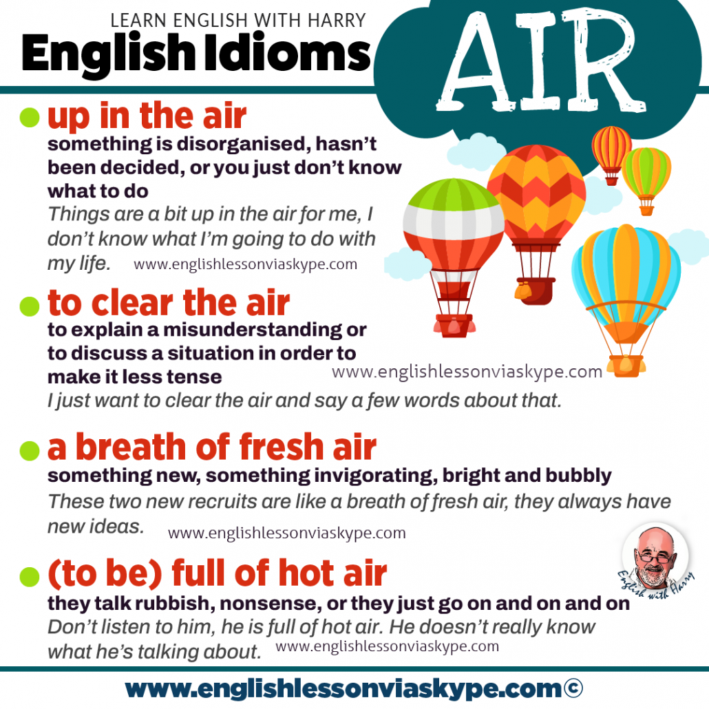 English air idioms and phrases. Idioms to do with air. Advanced English learning. Online Zoom English lessons at www.englishlessonviaskype.com