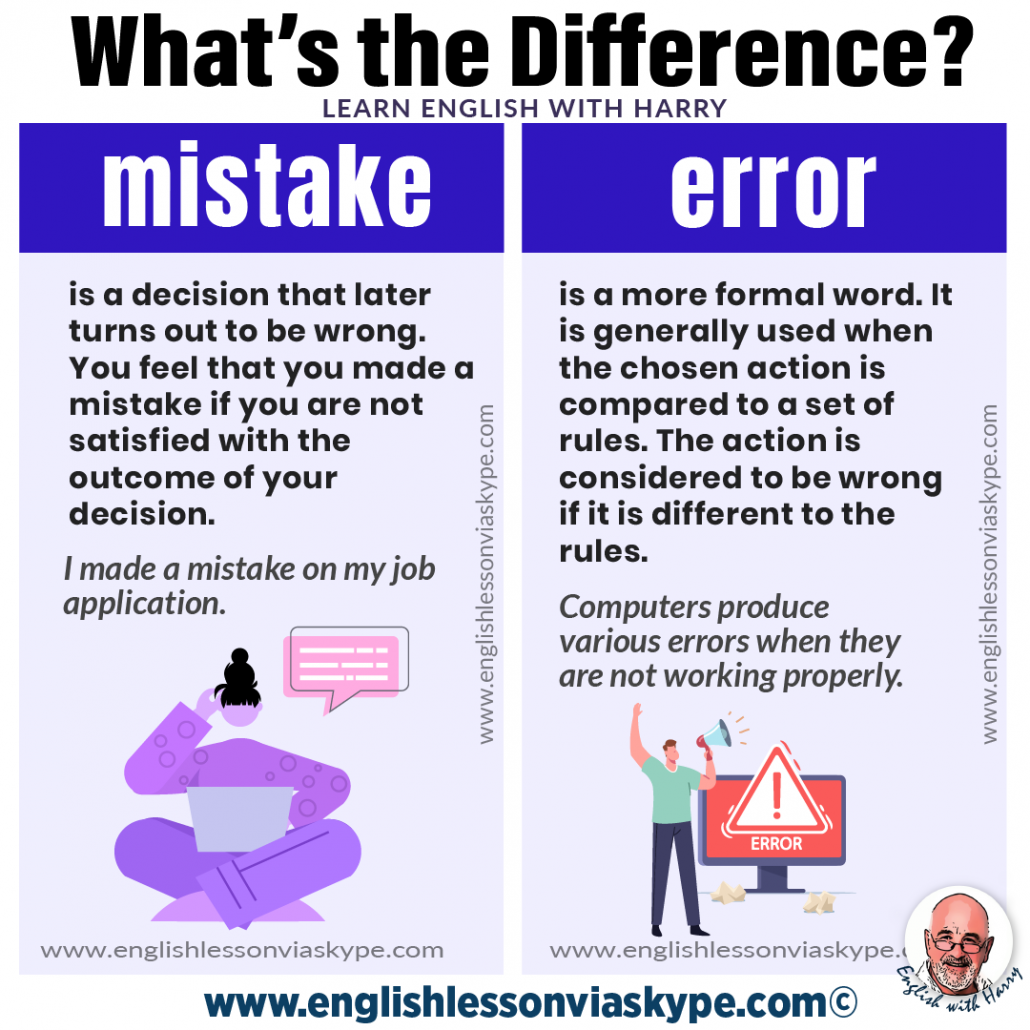 What is the difference between mistake and error? Advanced English learning. Online English lessons on Zoom. Study advanced English at www.englishlessonviaskype.com