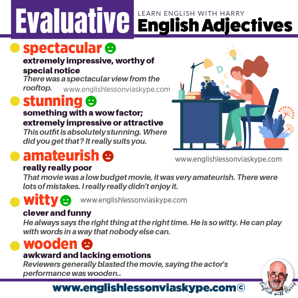 Evaluative adjectives in English. Advanced English learning. Online English lessons on Zoom at www.englishlessonviaskype.com #learnenglish #englishlessons #EnglishTeacher #vocabulary #ingles