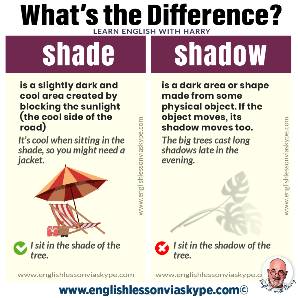 Difference between shade and shadow. Study English. Online English lessons at www.englishlessonviaskype.com. Click the link.