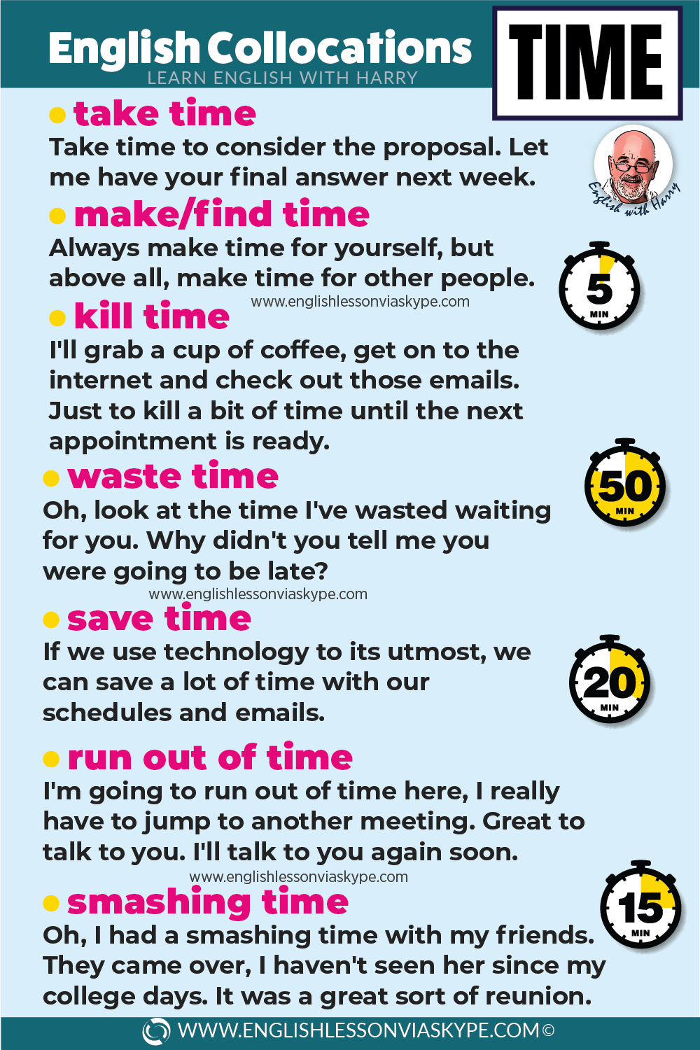 English collocations with time. Study English. Online English lessons at www.englishlessonviaskype.com. Click the link.