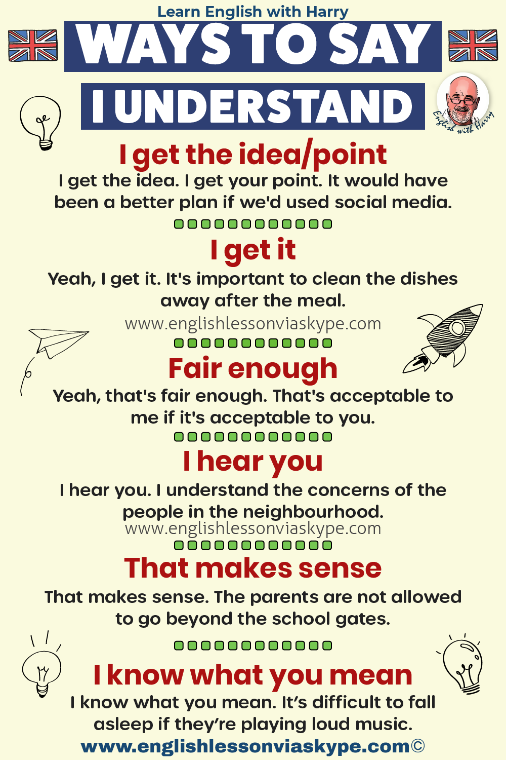 Ways to say I understand you. Formal and informal. Study English. Online English lessons at www.englishlessonviaskype.com. Click the link.