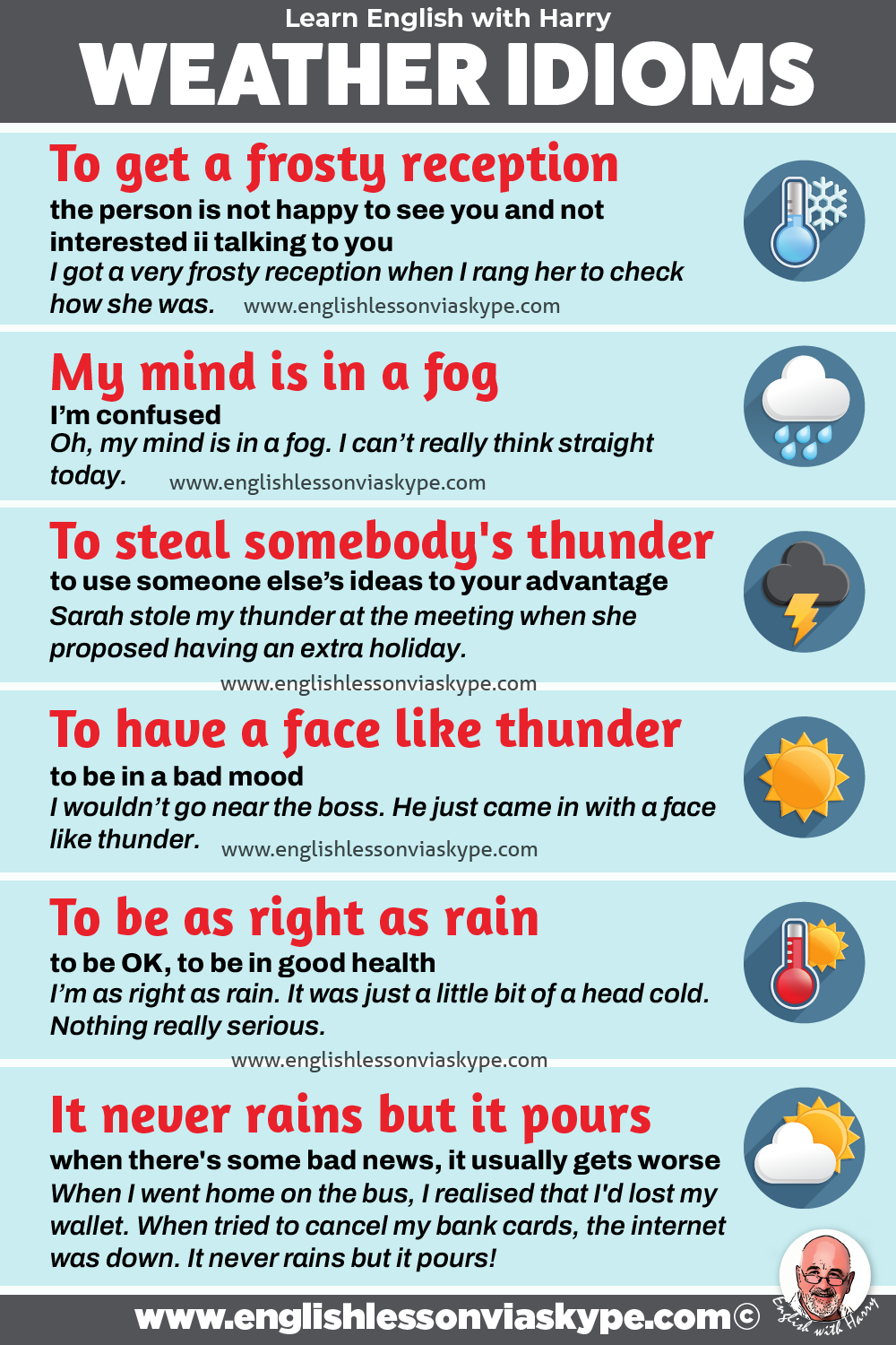 Weather idioms in English. Study English advanced level. Online English lessons at www.englishlessonviaskype.com. Click the link.