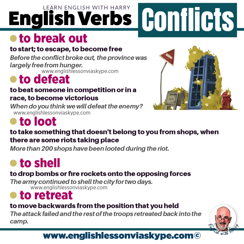 English verbs related to conflicts. Study English advanced level. Online English lessons at englishlessonviaskype.com Click the link