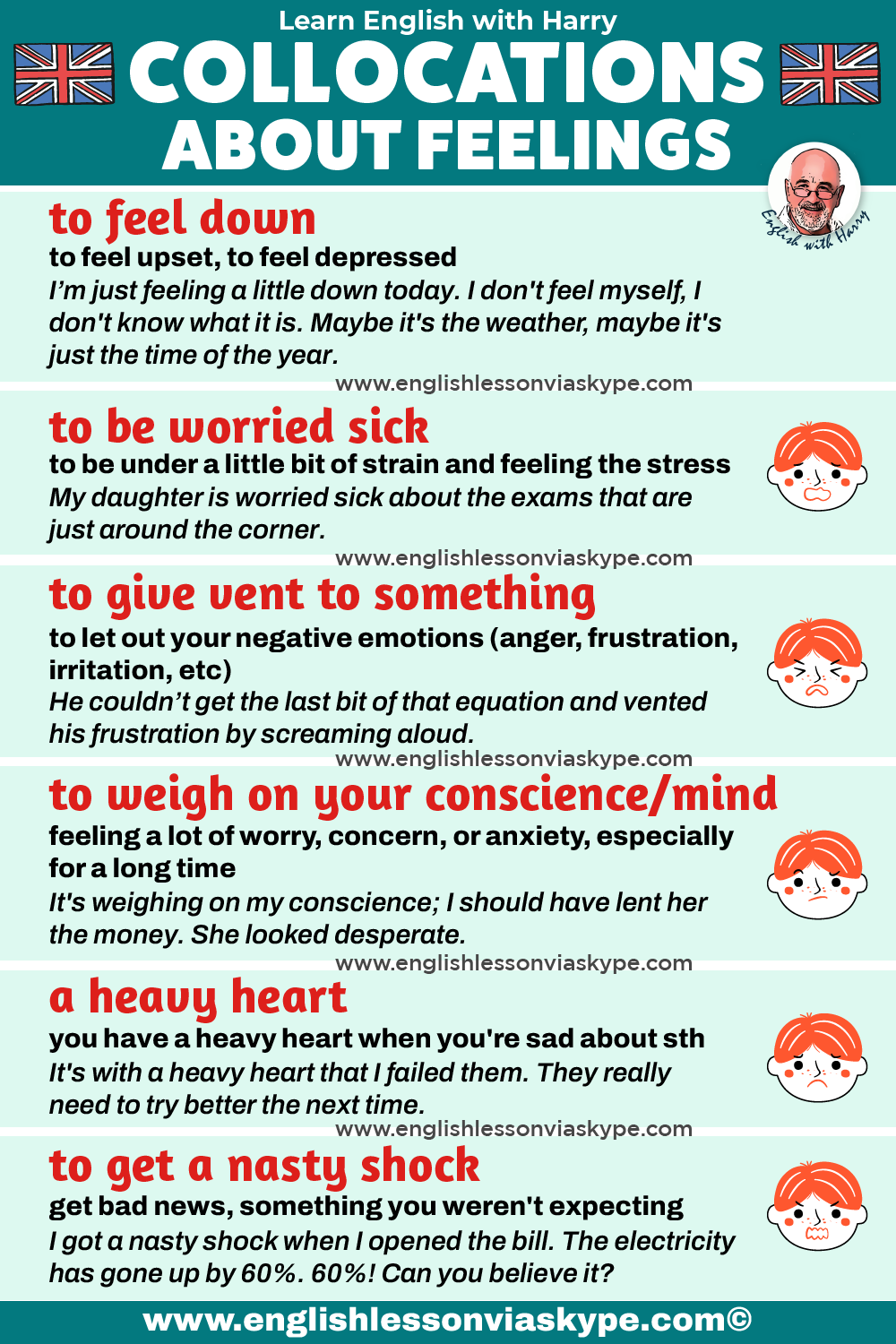 C1 English collocations and emotions. Negative feelings. Expressions for FCE, CAE, IELTS. Online English lessons at www.englishlessonviaskype.com #learnenglish