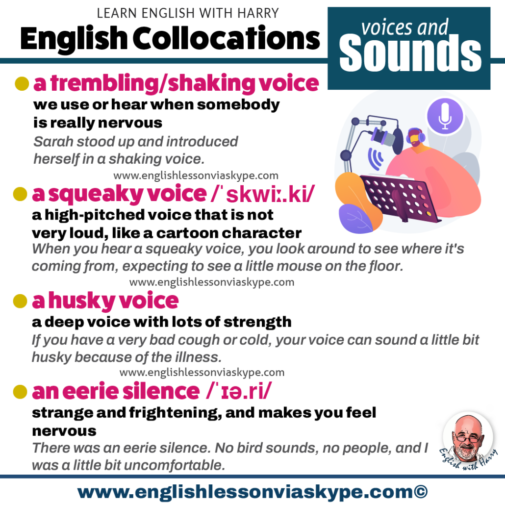 Advanced collocations to describe sounds in English. Learn English vocabulary. Learn English speaking. Learn English vocabulary. Online Englsih lessons on Zoom and Skype englishlessonviaskype.com