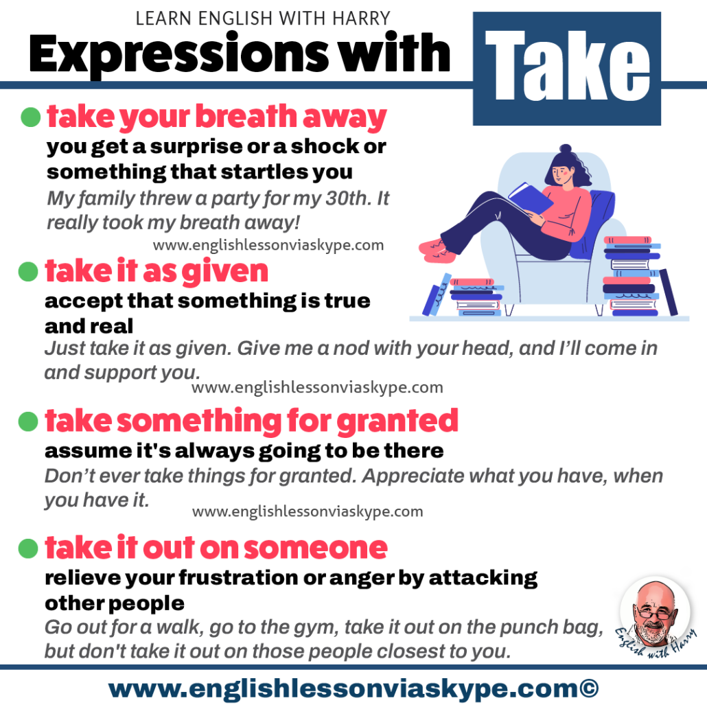 Advanced expressions with take. Learn English speaking. Learn English vocabulary. Online Englsih lessons on Zoom and Skype englishlessonviaskype.com