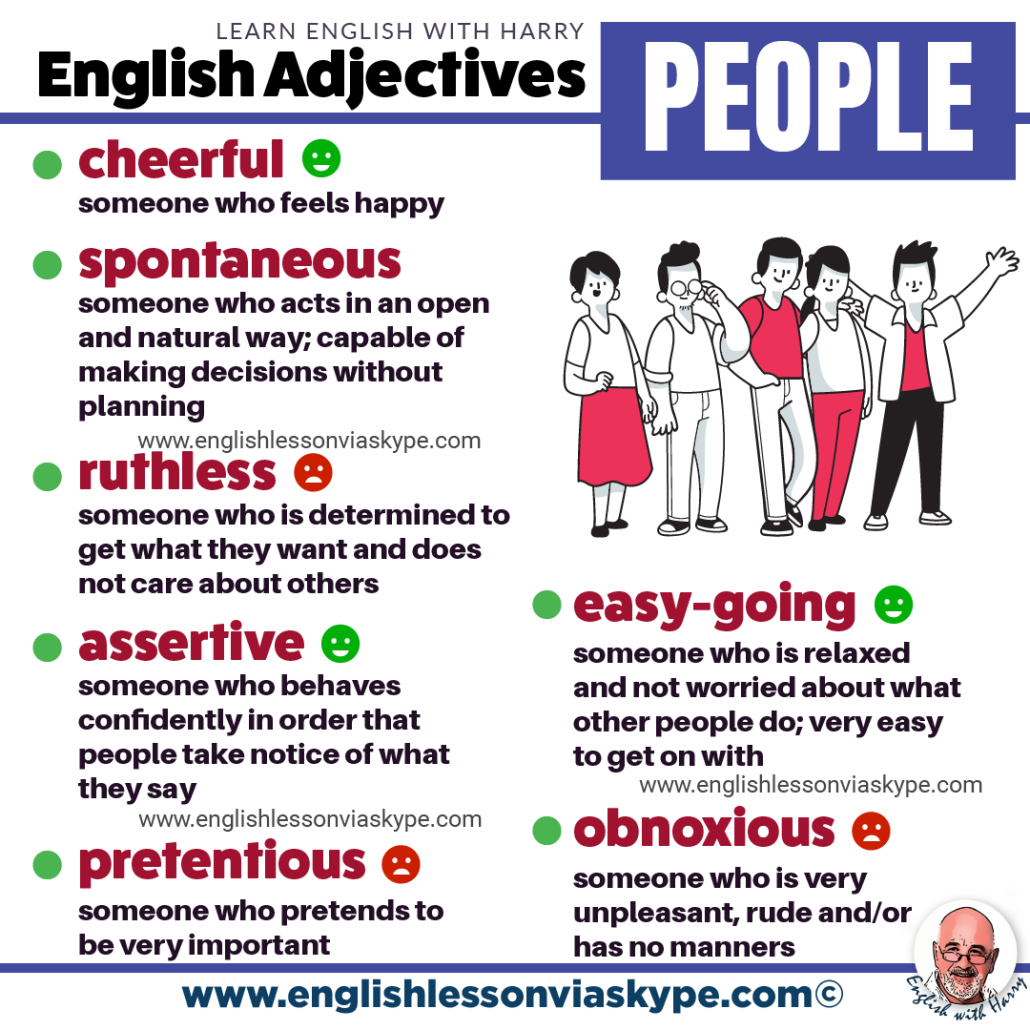 33 English adjectives that describe people and personality. Learn English vocabulary. Learn English speaking. Learn English vocabulary. Online Englsih lessons on Zoom and Skype englishlessonviaskype.com