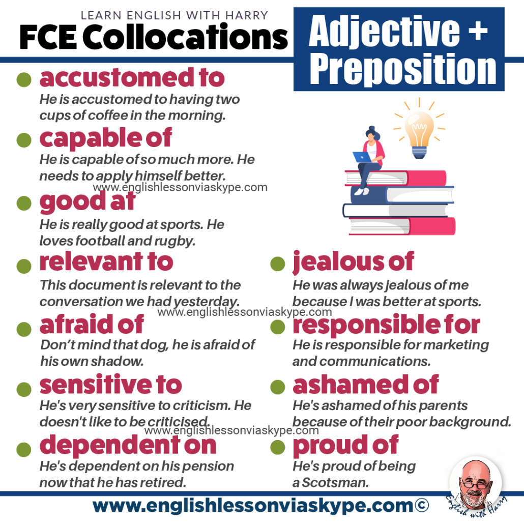 FCE collocations. Adjective preposition collocation. Prepare for English proficiency exams. Online English lessons at englishlessonviaskype.com #learnenglish