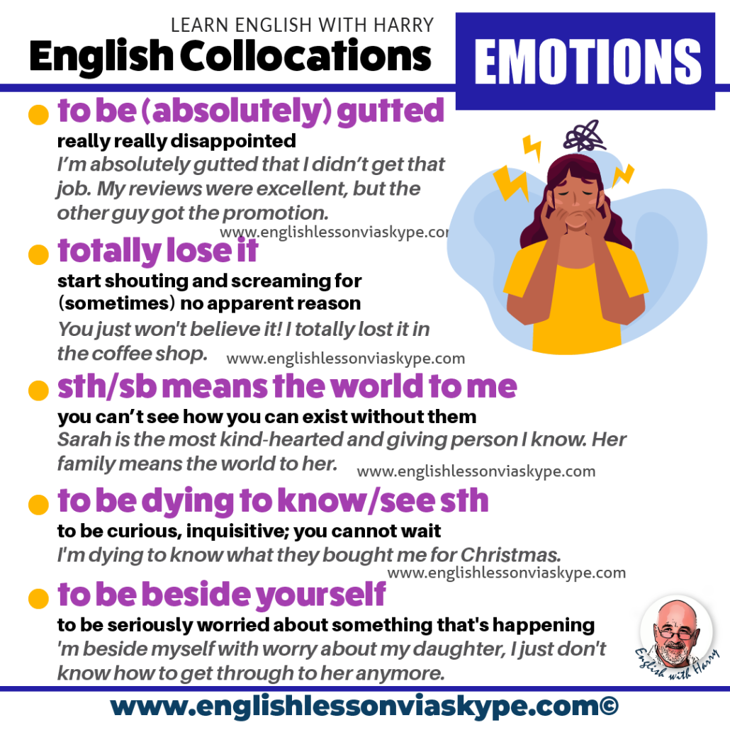 English collocations for emotions. Advanced English lessons on Zoom and Skype. #learnenglish