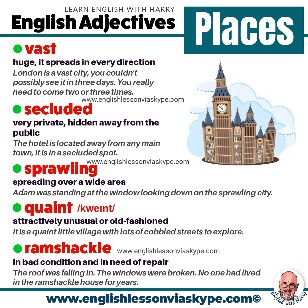 Top advanced adjectives to describe places in English. Advanced English lessons on Zoom and Skype. #learnenglishnglish
