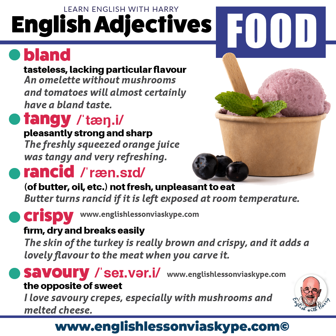 Learn advanced adjectives to describe food in English. Advanced English lessons on Zoom and Skype. Improve English speaking and writing skills. #learnenglishnglish